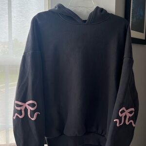 Edikted Cozy Knit Sweater in Charcoal with pink bow detail